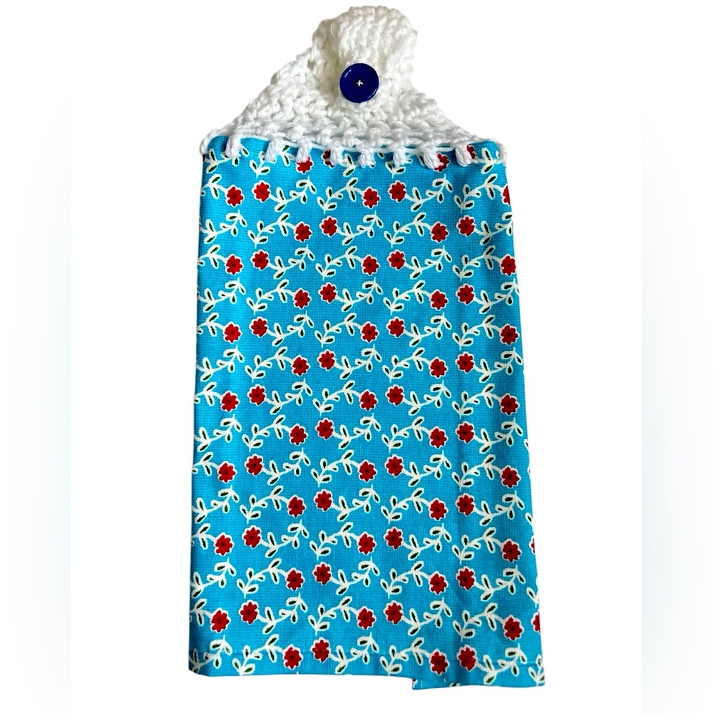 Hand Crafted Colorful Floral Blue and Red Hanging Hand Towel Crochet Top